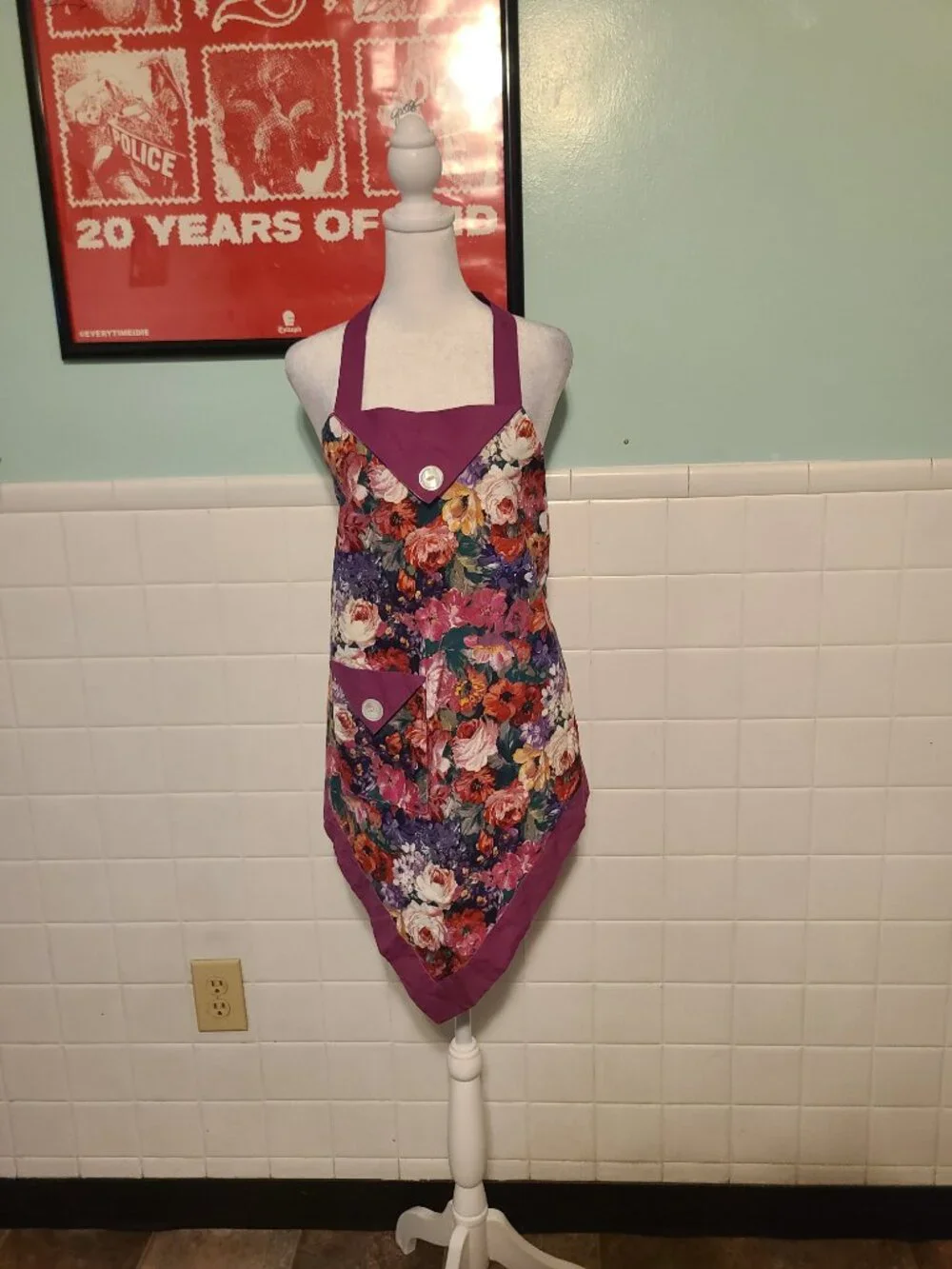 Vintage Handmade Colorful Purple Button Floral Apron Artist Baking Cottagecore